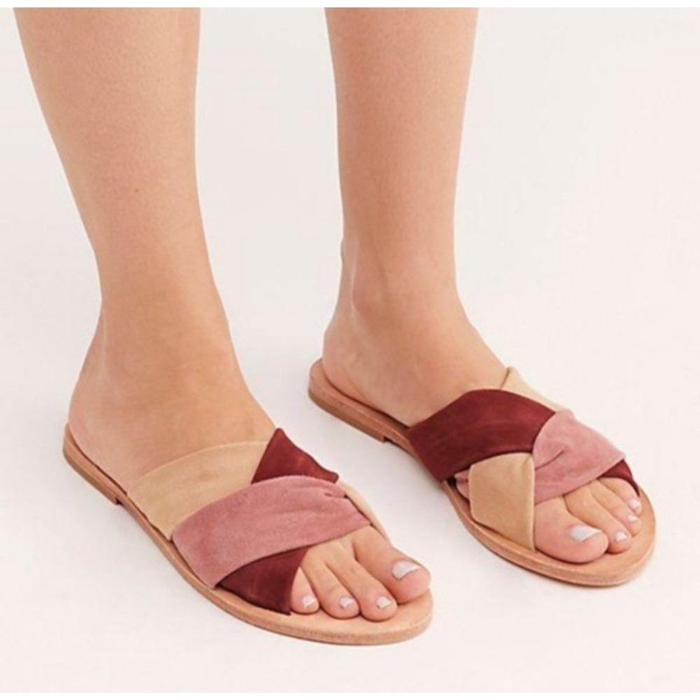 Free People Rio Vista Rose Suede Slide Sandals Burgundy Pink Tan EU 37 US 7